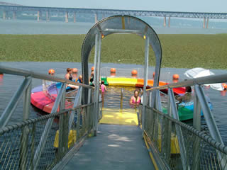 Aluminum gangway to floating enclosed pool in the Hudson River, Beacon, New York